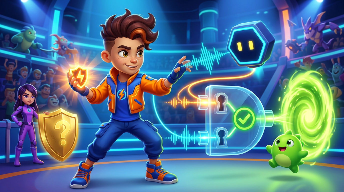 Jax, Bolt, Rex, and Nyx combine image and sound signals in a bright monster arena.