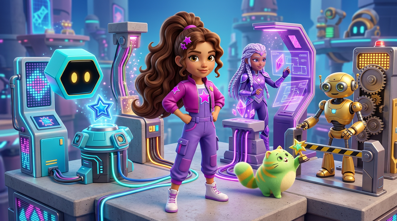 Zoey and Pixel route stage emergencies among a classifier lens, a violet creative forge, and a gold rule referee.