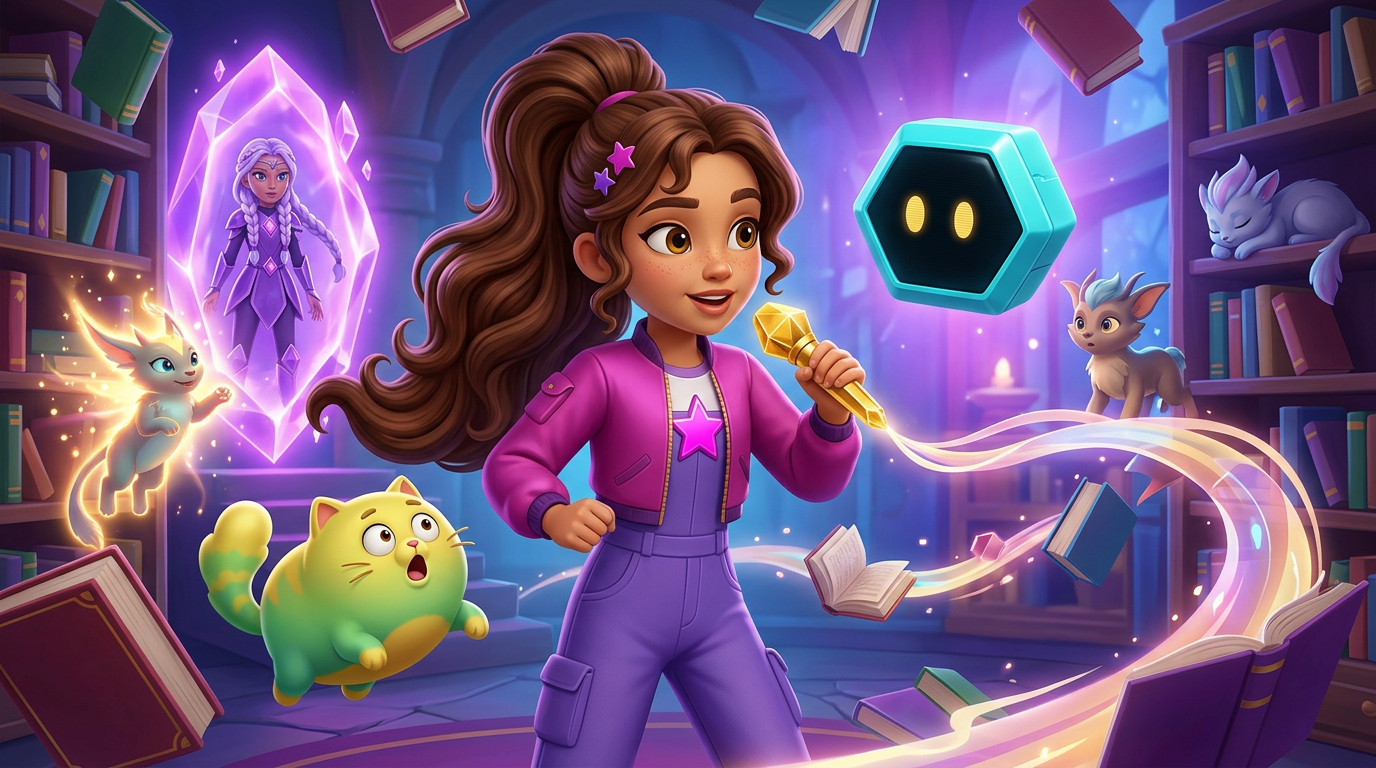 Zoey and Pixel use short voice commands to light rune paths and rescue Mochi in a colorful enchanted library.
