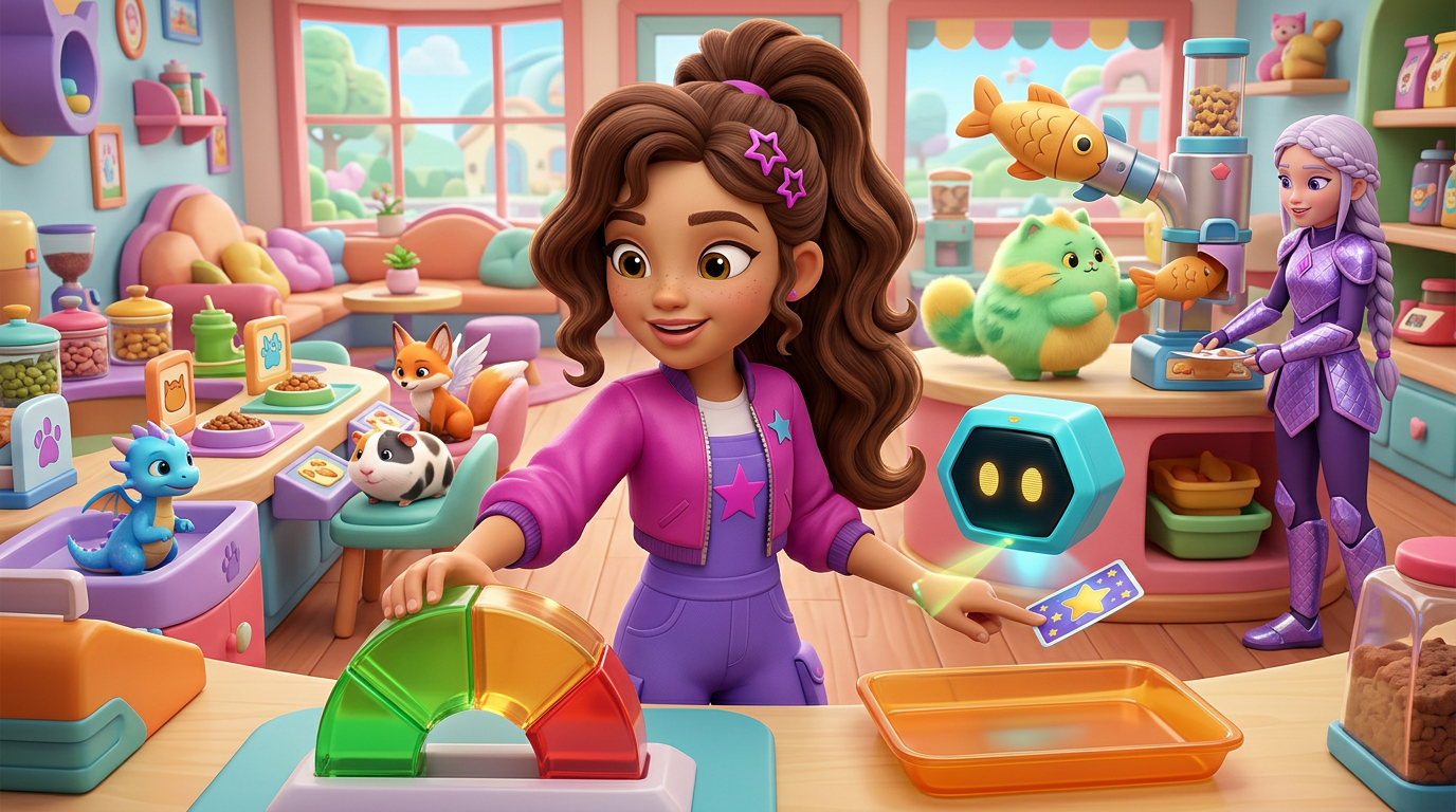 Zoey, Pixel, and Mochi tune a glowing confidence prism while colorful pets wait for icon-marked treats.