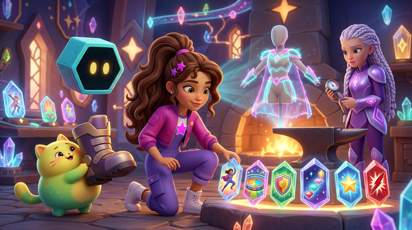 Zoey and Pixel validate six structured prompt pieces that form an original colorful guardian costume and arena.