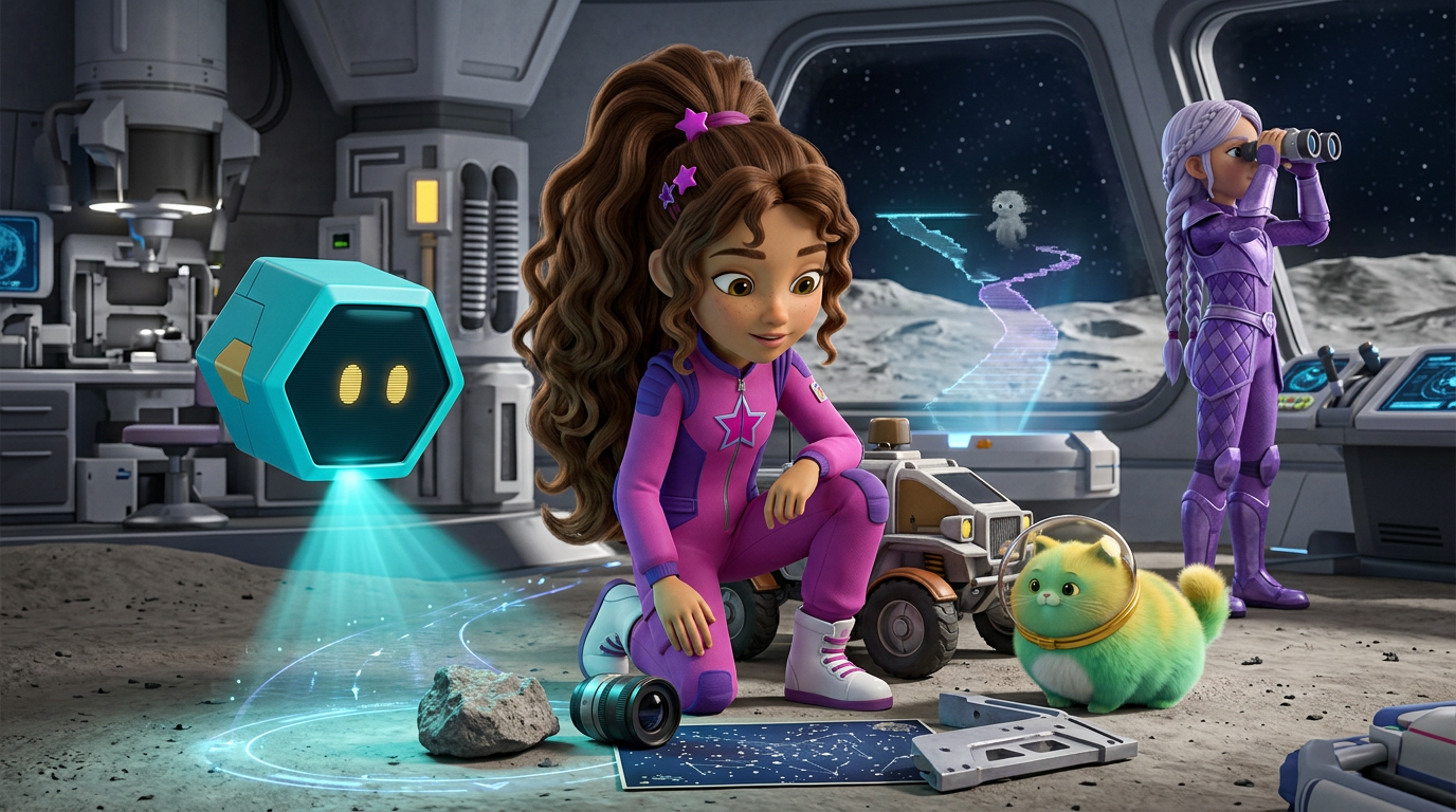 Zoey, Pixel, and Mochi compare violet clue cards with source tablets to repair a glowing moon-rover route.