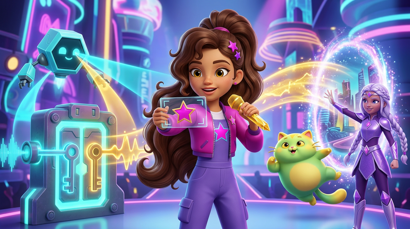 Zoey, Pixel, Mochi, and Vela combine a badge and sound power on a neon concert stage.